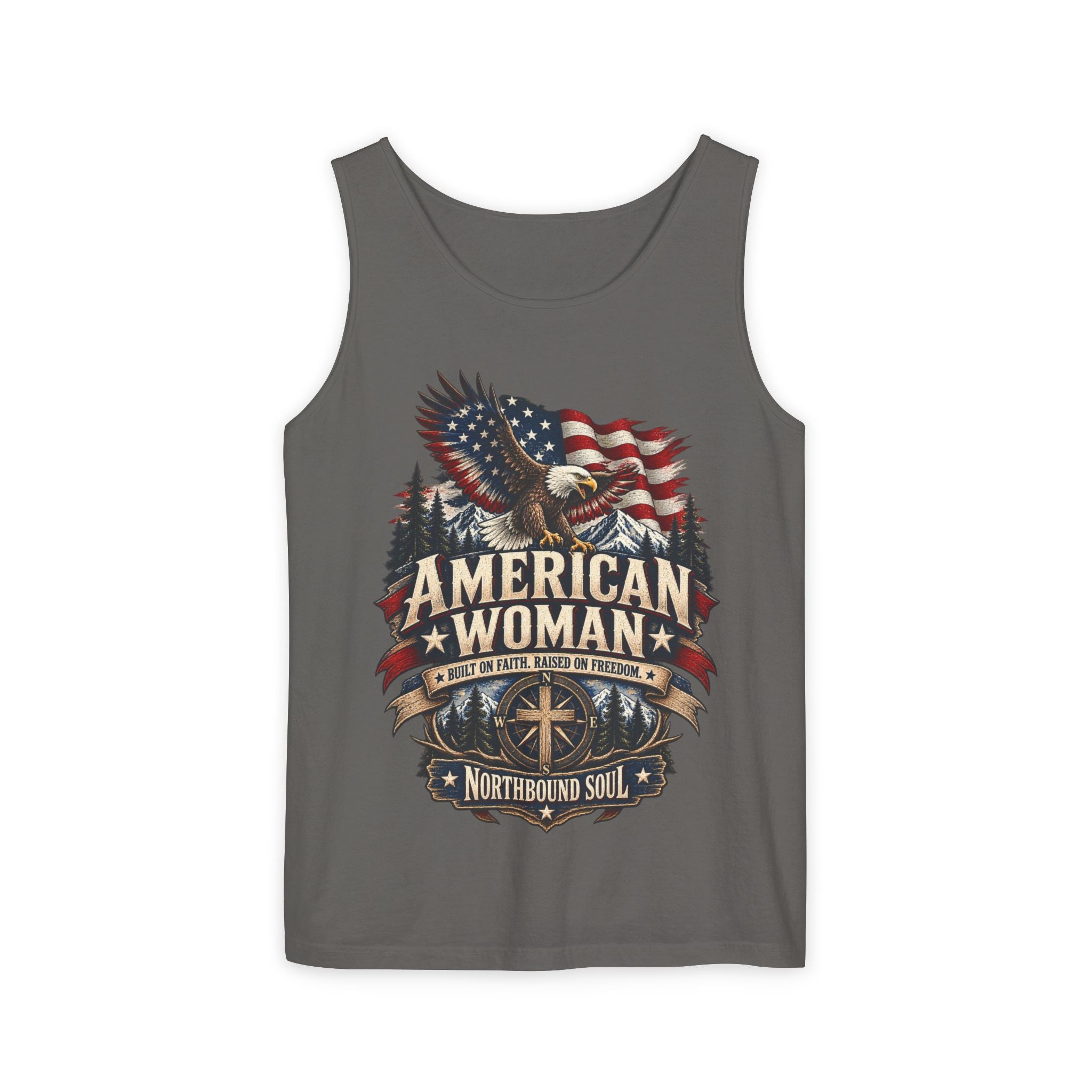 WG-006 American Woman Tank Top — Northbound Supply Co. Patriotic Eagle Flag Graphic