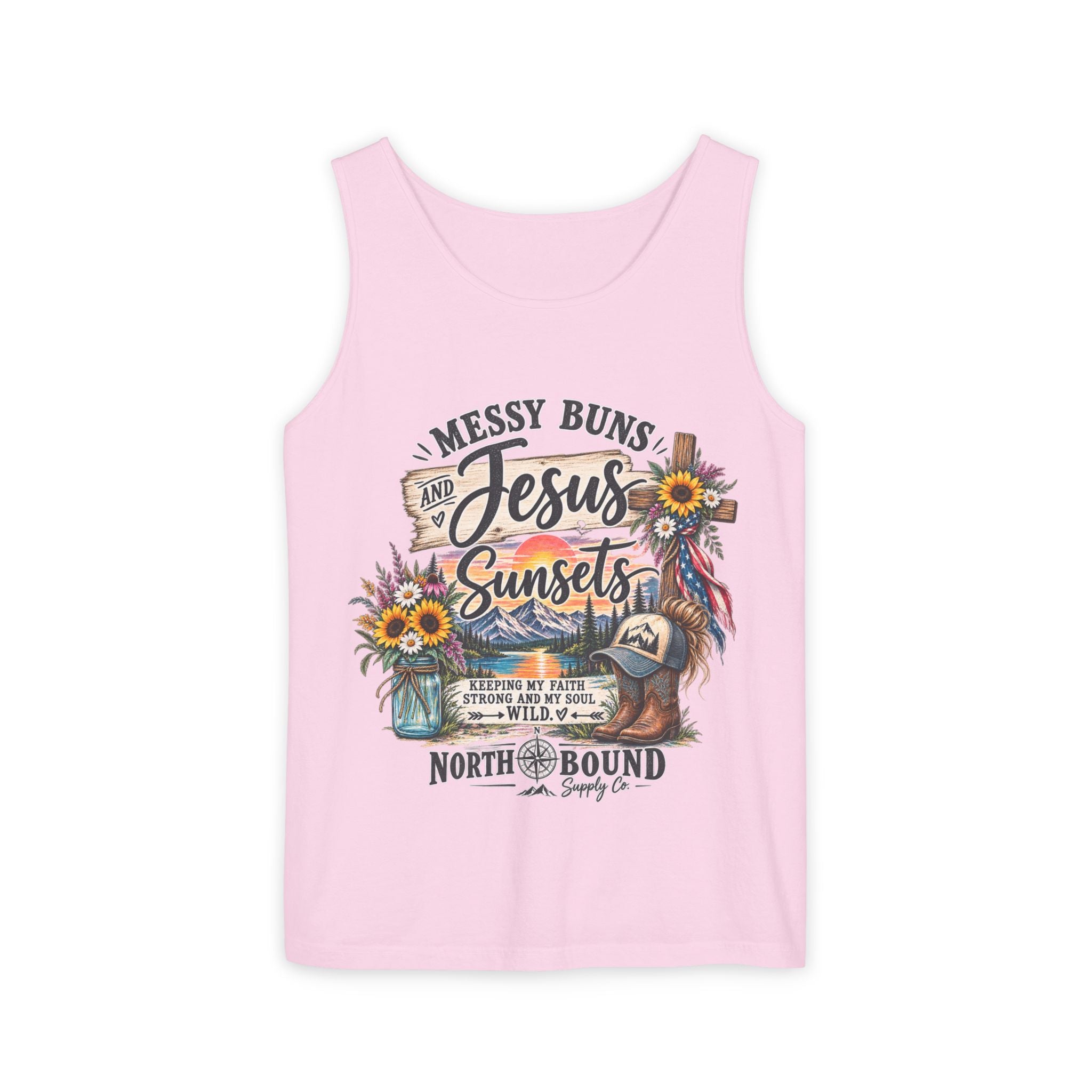WG-003 Messy Buns, Jesus & Sunsets Tank Top —Northbound Supply Co . Christian Beachy Boho Graphic Tank