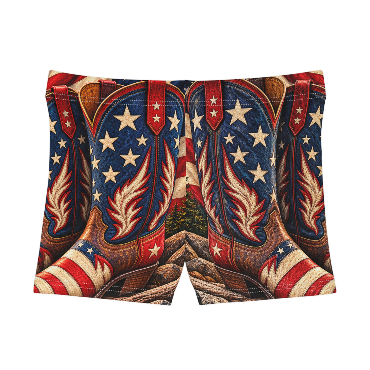 Patriotic Mountain Sunset Women's Shorts — Northbound Supply American Flag Cowboy Boots All-Over Print