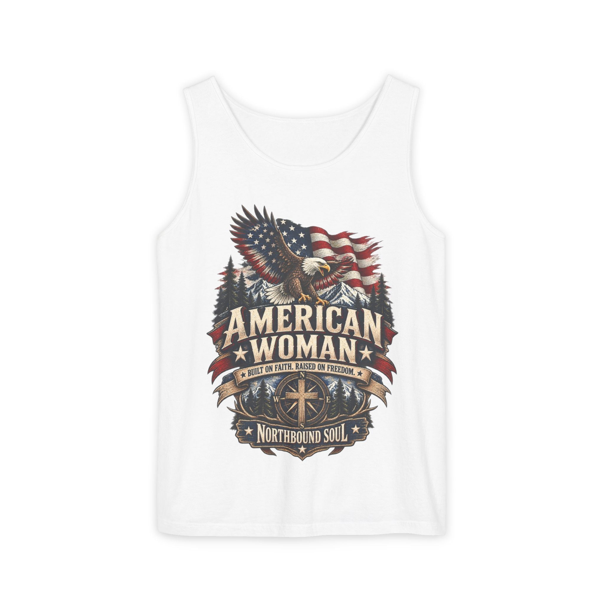 WG-006 American Woman Tank Top — Northbound Supply Co. Patriotic Eagle Flag Graphic