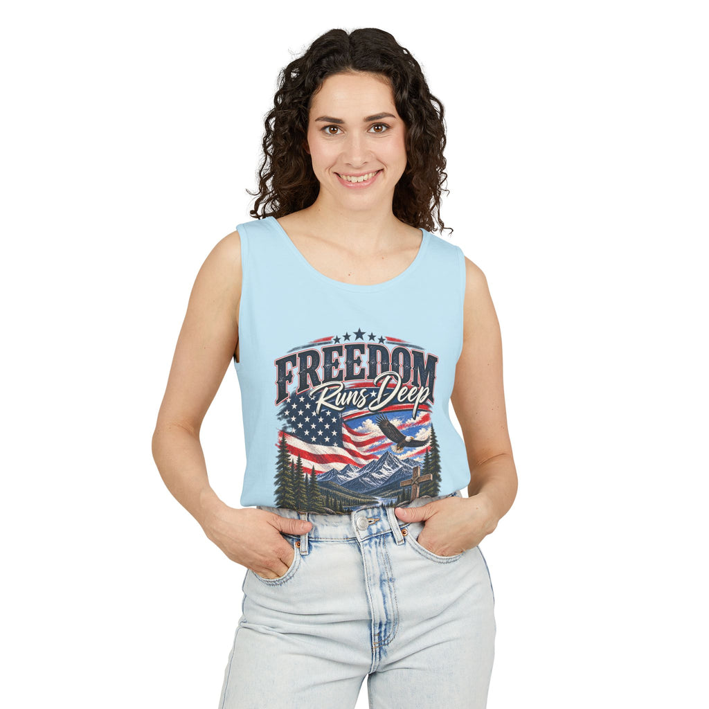 WG-007 Freedom Runs Deep Tank Top — North Supply Co. Patriotic Eagle & Mountain Graphic