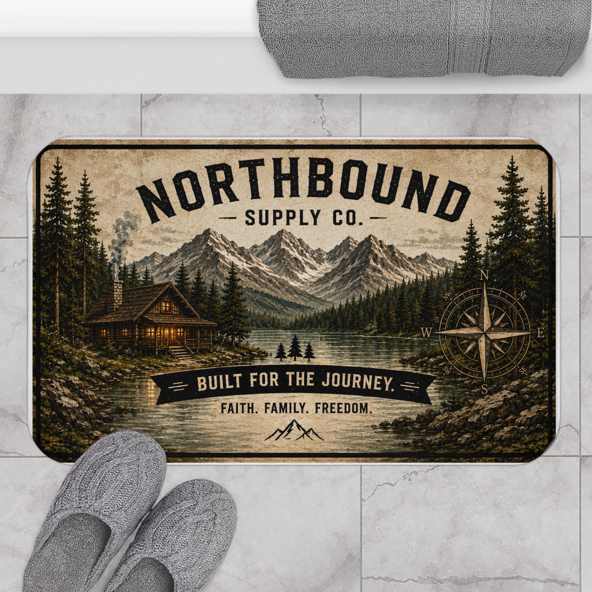 BM-003 Northbound Supply Co. Bath Mat – Rustic Cabin Mountain Welcome Mat (Built for the Journey)