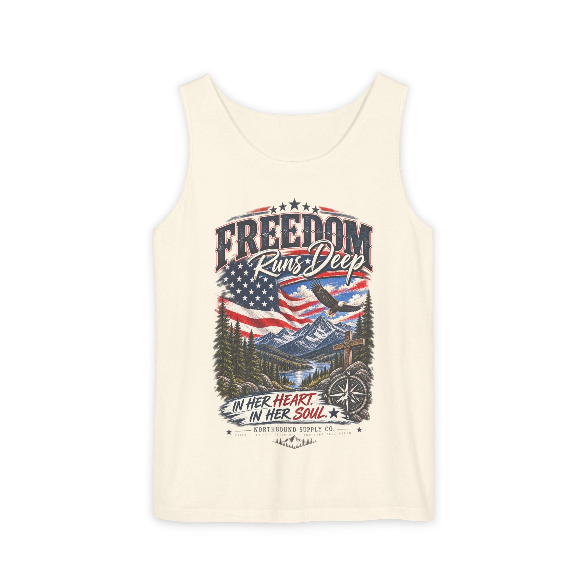 WG-007 Freedom Runs Deep Tank Top — North Supply Co. Patriotic Eagle & Mountain Graphic