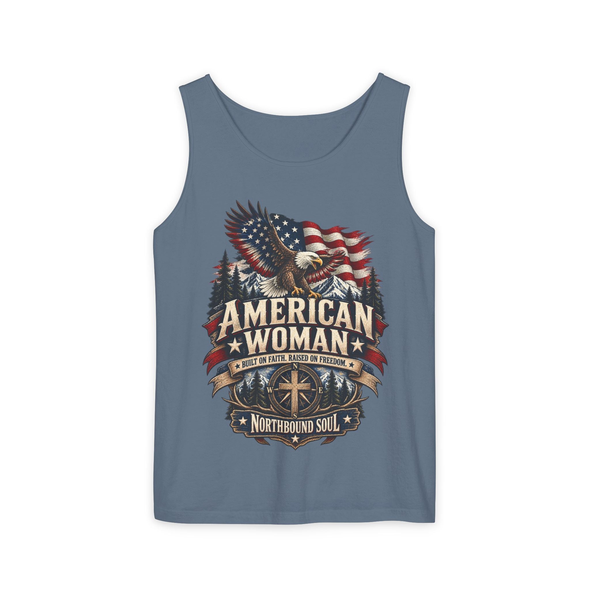 WG-006 American Woman Tank Top — Northbound Supply Co. Patriotic Eagle Flag Graphic