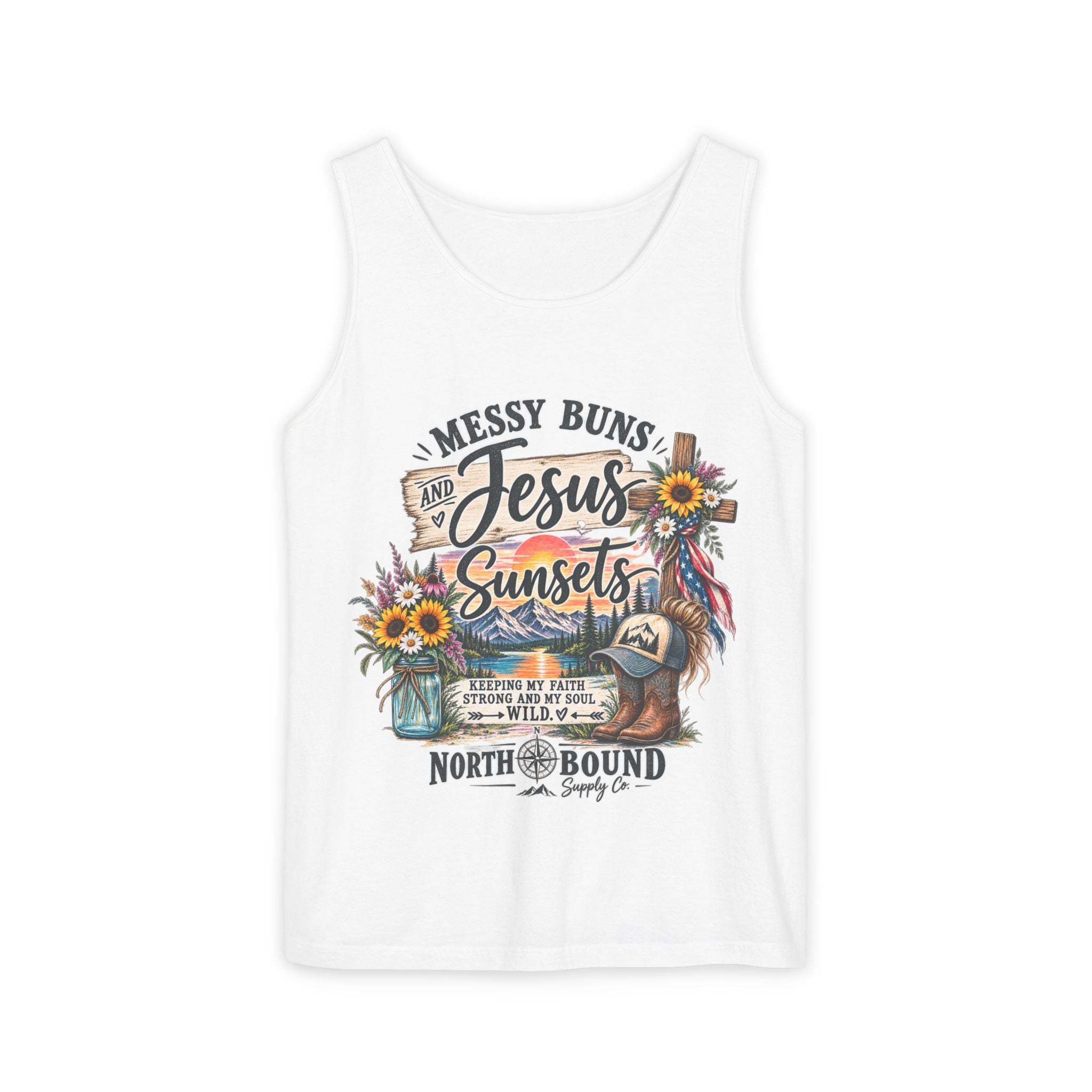 WG-003 Messy Buns, Jesus & Sunsets Tank Top —Northbound Supply Co . Christian Beachy Boho Graphic Tank