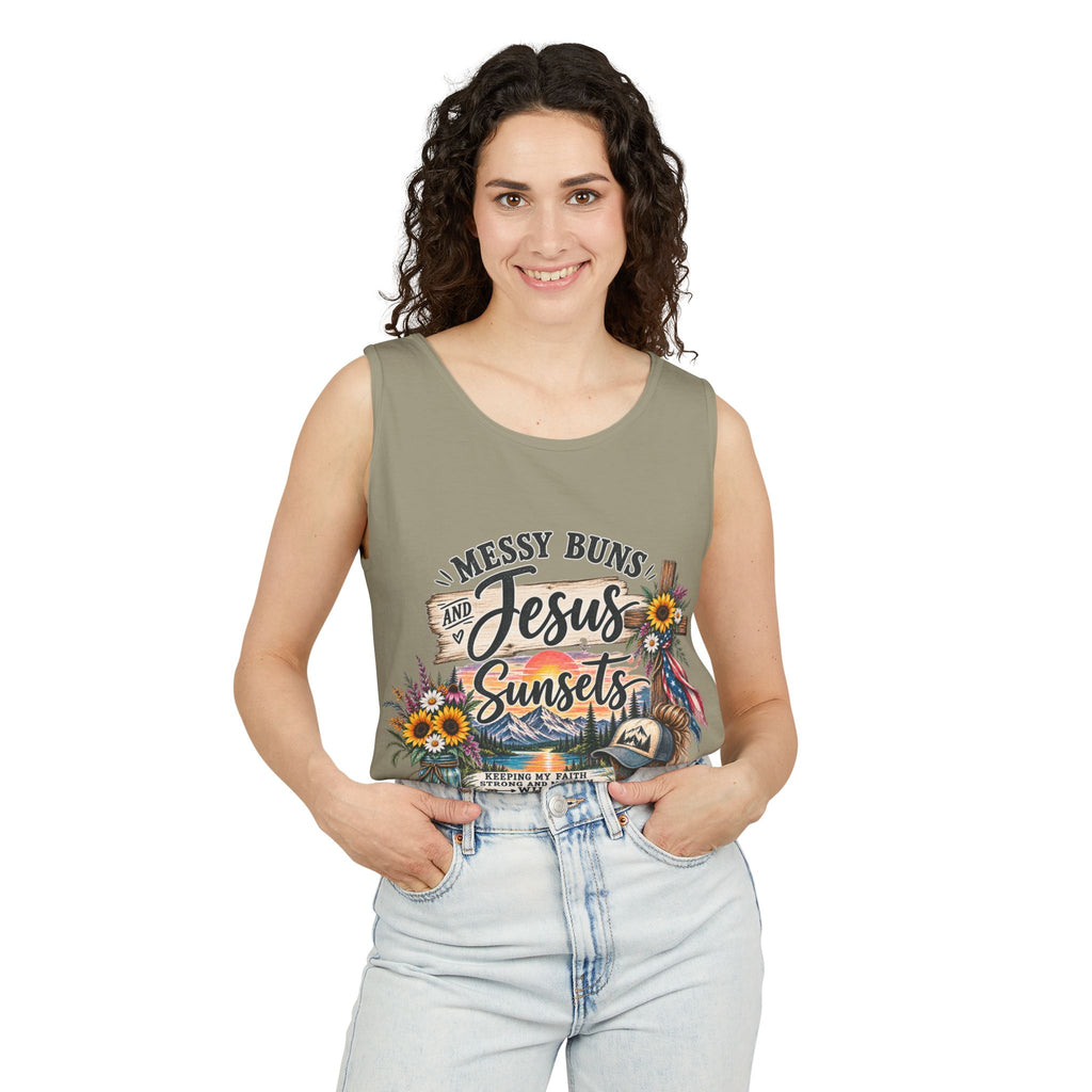 WG-003 Messy Buns, Jesus & Sunsets Tank Top —Northbound Supply Co . Christian Beachy Boho Graphic Tank