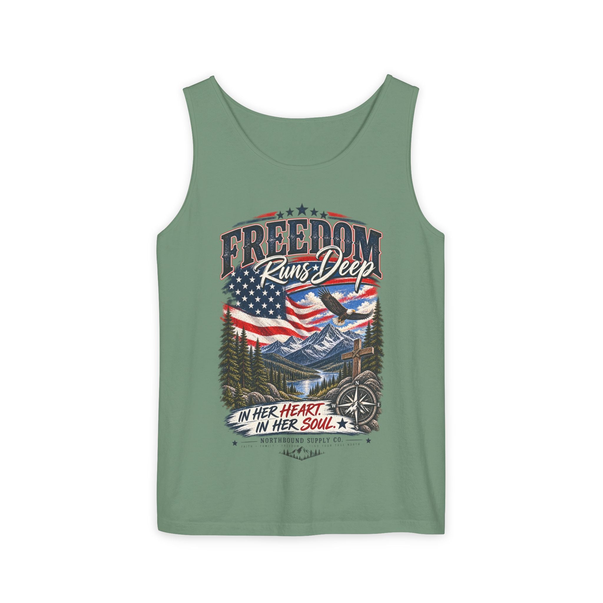 WG-007 Freedom Runs Deep Tank Top — North Supply Co. Patriotic Eagle & Mountain Graphic