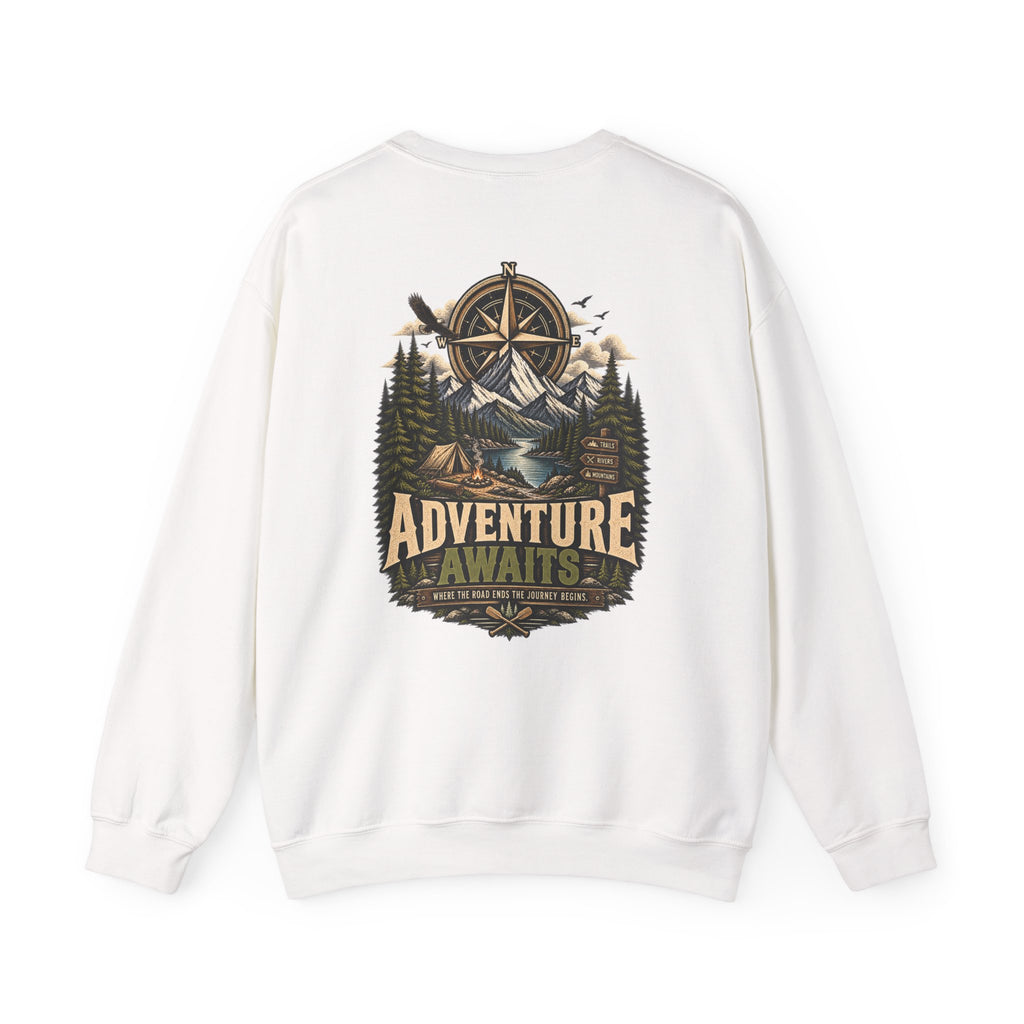 NS-004 Adventure Awaits Crewneck Sweatshirt — Northbound Supply Co. Compass Mountain Design