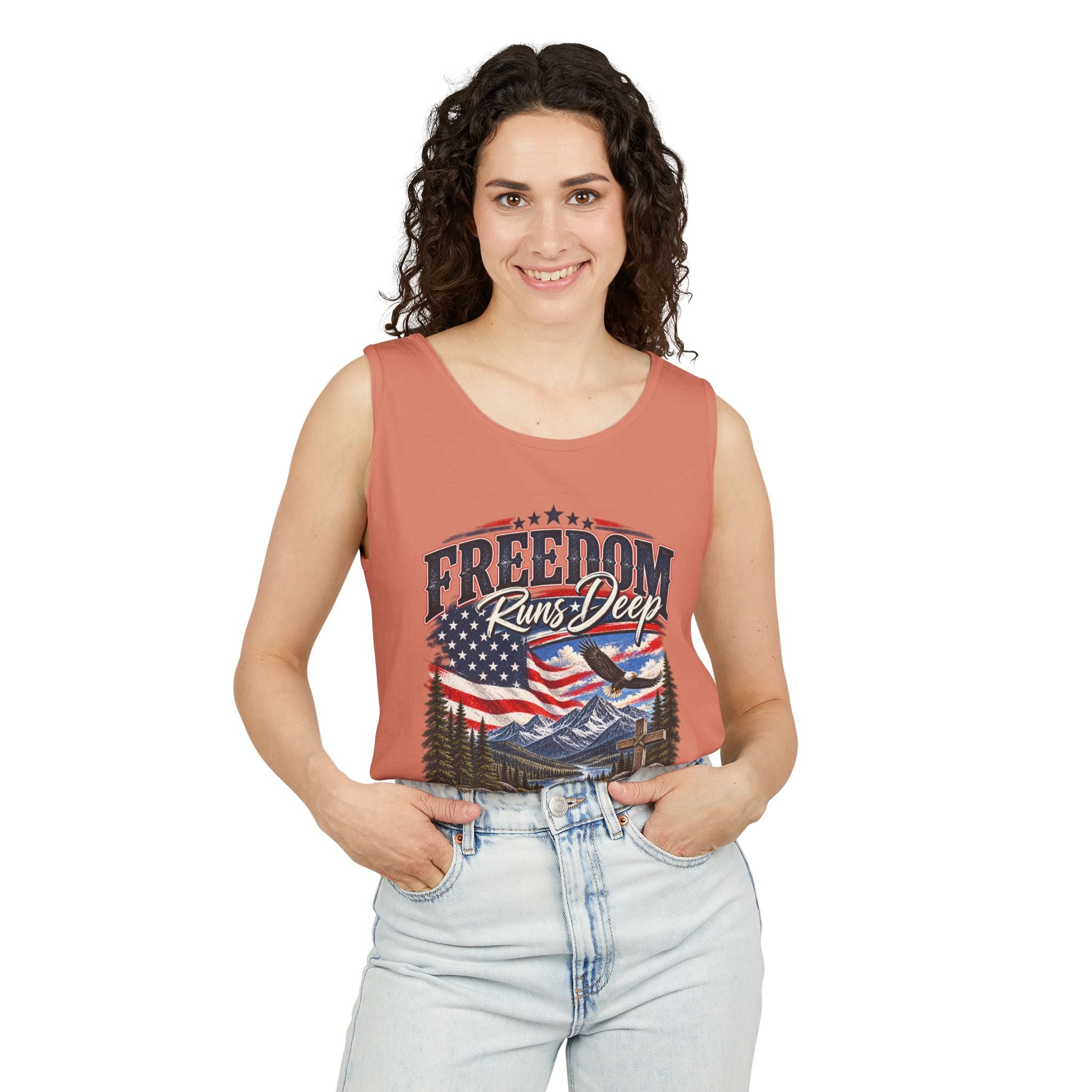WG-007 Freedom Runs Deep Tank Top — North Supply Co. Patriotic Eagle & Mountain Graphic