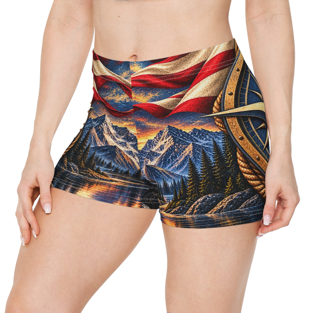 Patriotic Compass Mountain Women's Shorts —Northbound Supply American Flag Sunset AOP