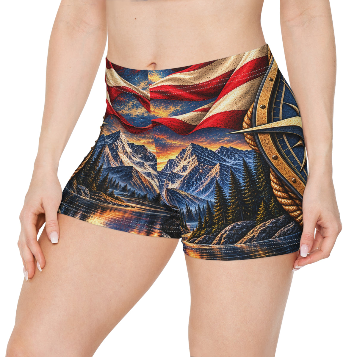 Patriotic Compass Mountain Women's Shorts —Northbound Supply American Flag Sunset AOP