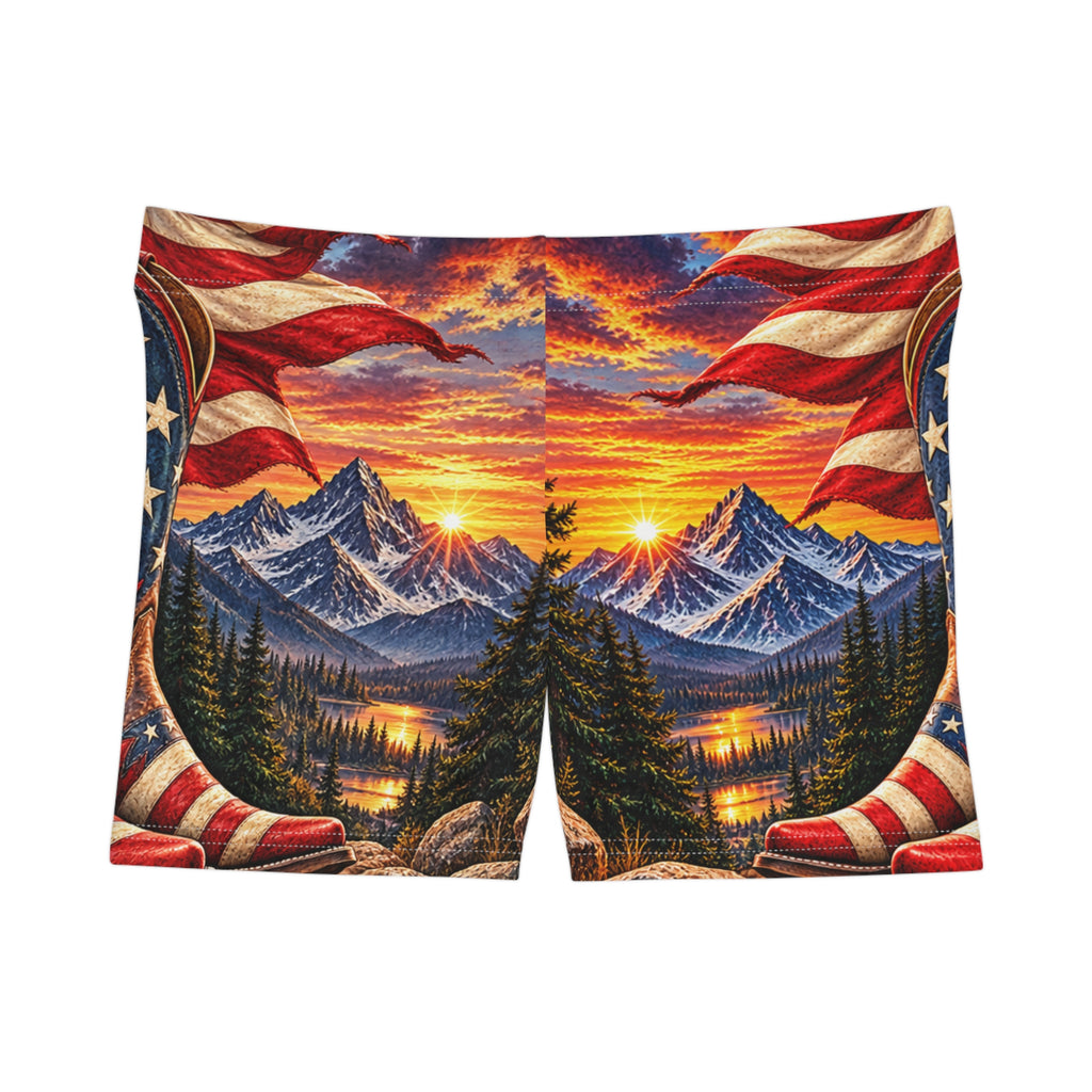 Patriotic Mountain Sunset Women's Shorts — Northbound Supply American Flag Cowboy Boots All-Over Print