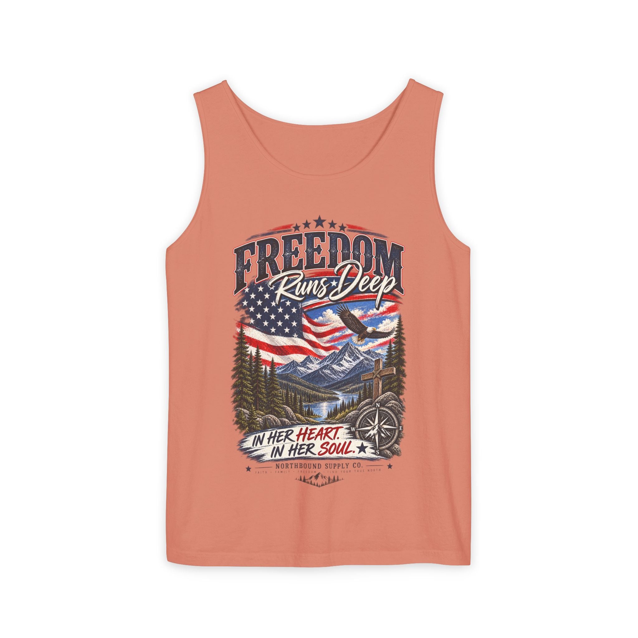 WG-007 Freedom Runs Deep Tank Top — North Supply Co. Patriotic Eagle & Mountain Graphic