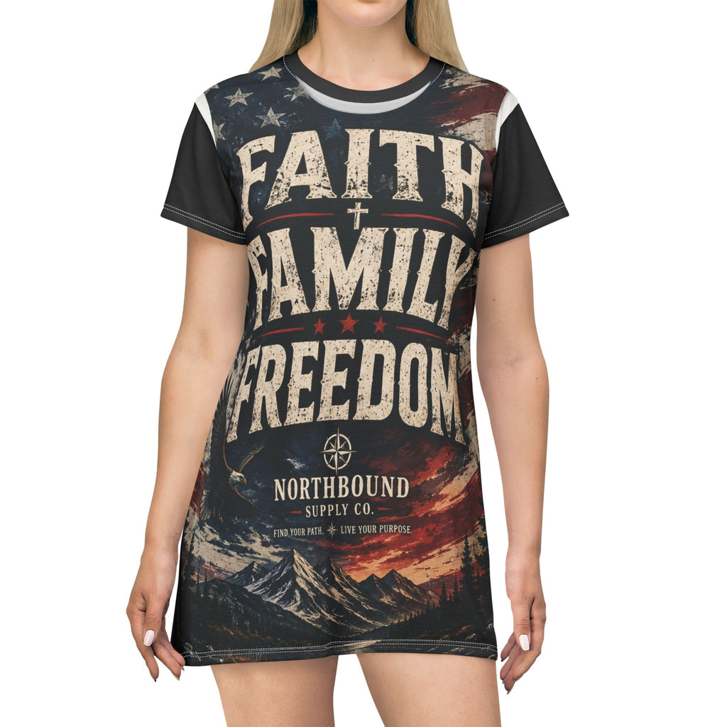 Faith Family Freedom Graphic T-Shirt Dress — Patriotic Christian AOP Dress