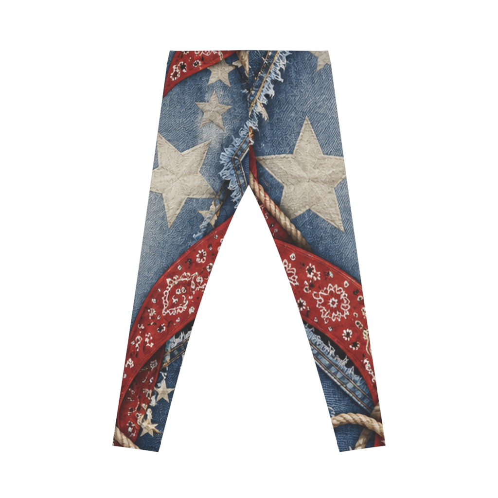 Patriotic Denim Stars Leggings — American Flag Bandana Print