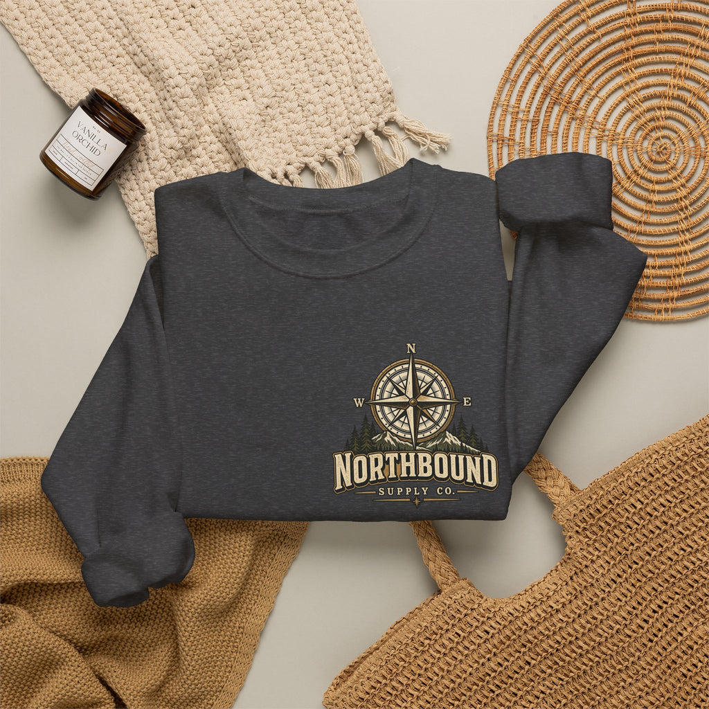 NS-004 Adventure Awaits Crewneck Sweatshirt — Northbound Supply Co. Compass Mountain Design
