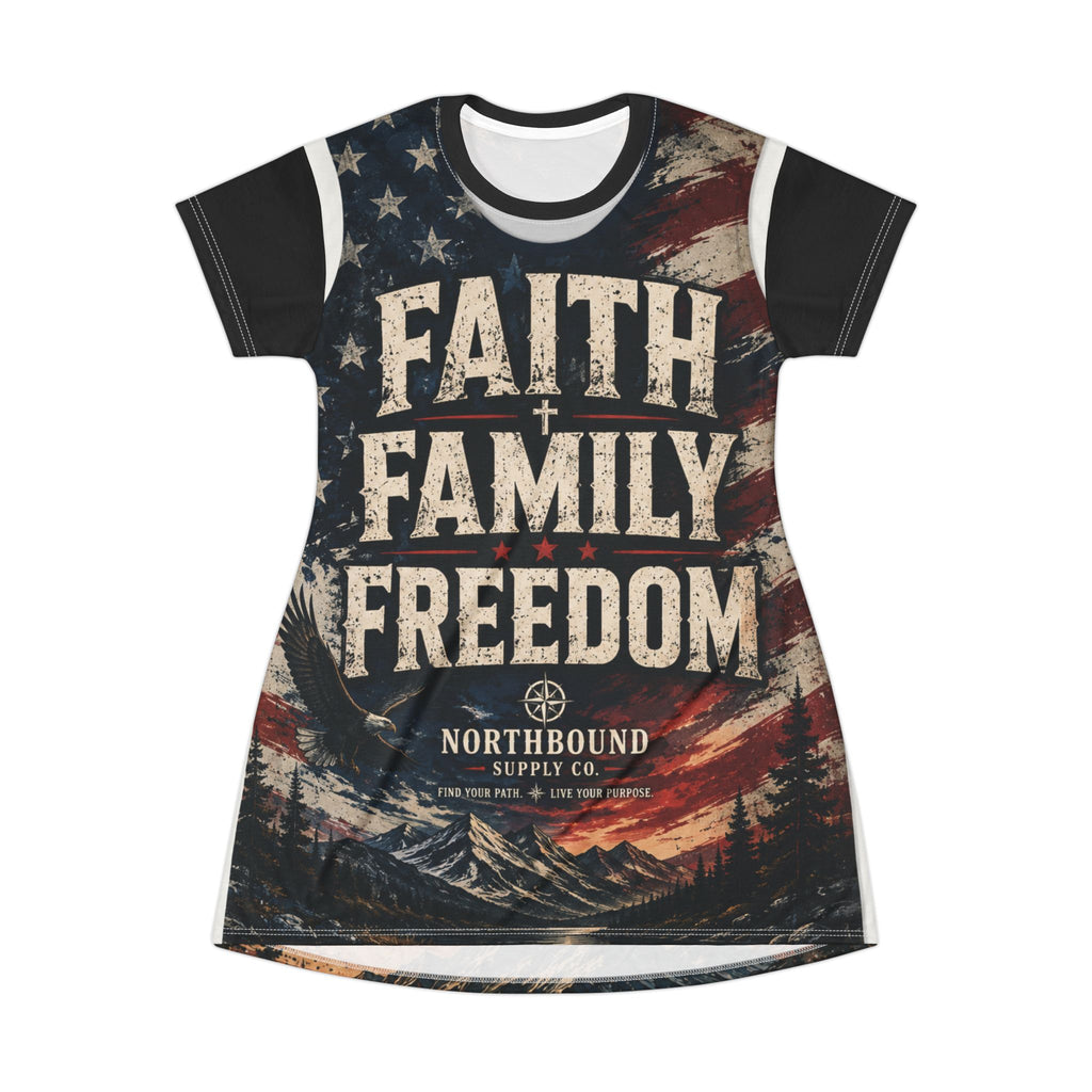 Faith Family Freedom Graphic T-Shirt Dress — Patriotic Christian AOP Dress
