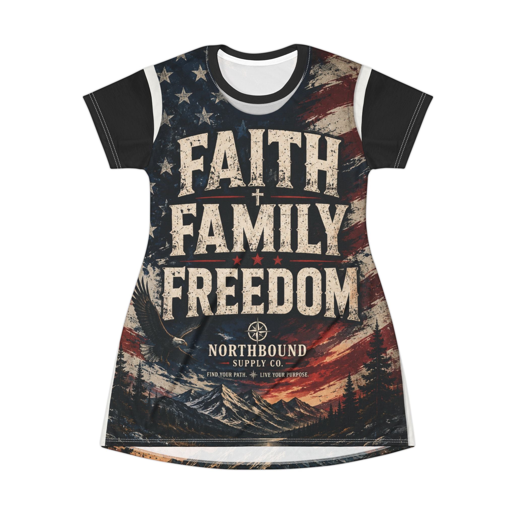 Faith Family Freedom Graphic T-Shirt Dress — Patriotic Christian AOP Dress