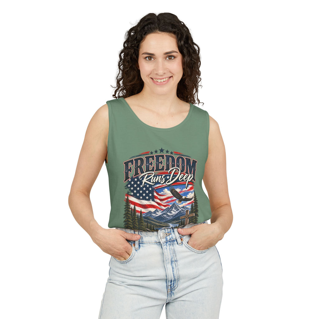 WG-007 Freedom Runs Deep Tank Top — North Supply Co. Patriotic Eagle & Mountain Graphic