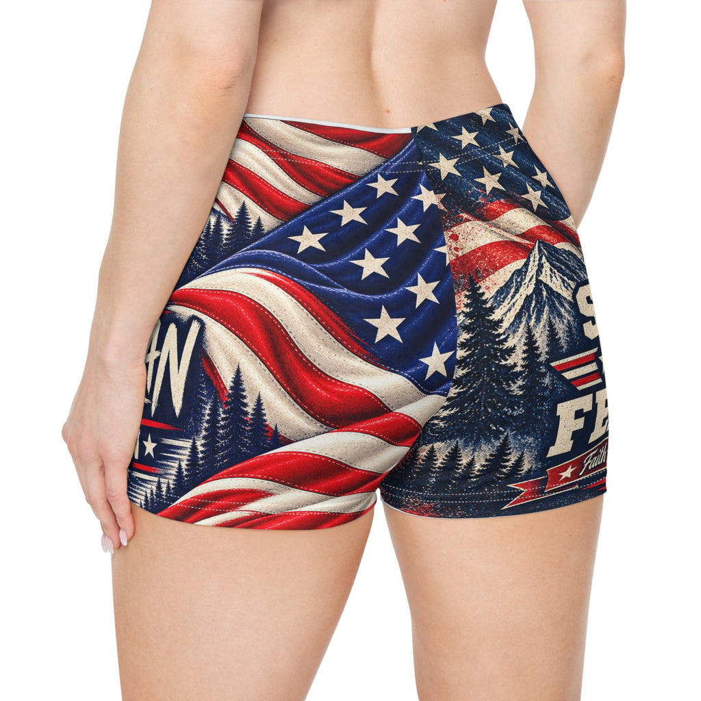 American Woman Patriotic Shorts — Northbound Supply"Strong Free Fearless" All-Over Print