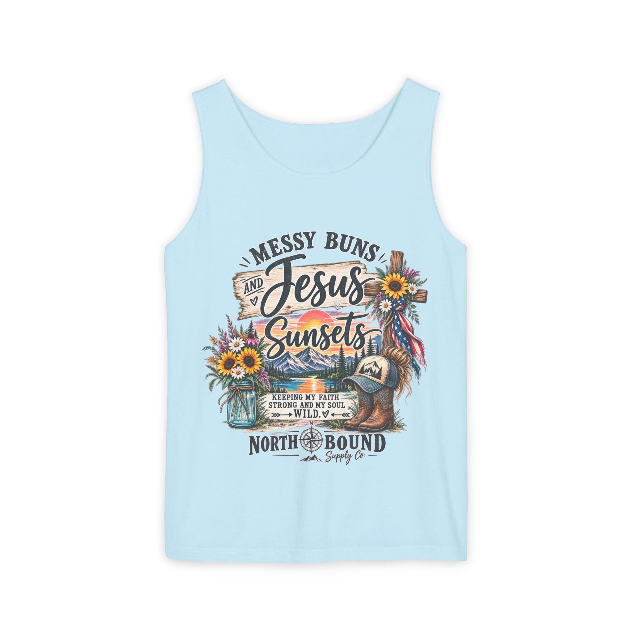WG-003 Messy Buns, Jesus & Sunsets Tank Top —Northbound Supply Co . Christian Beachy Boho Graphic Tank