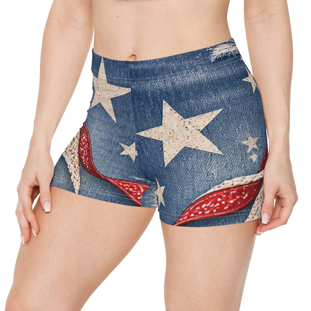 Western Bandana Denim Print Women's Shorts – Scenic Flag Lake Print