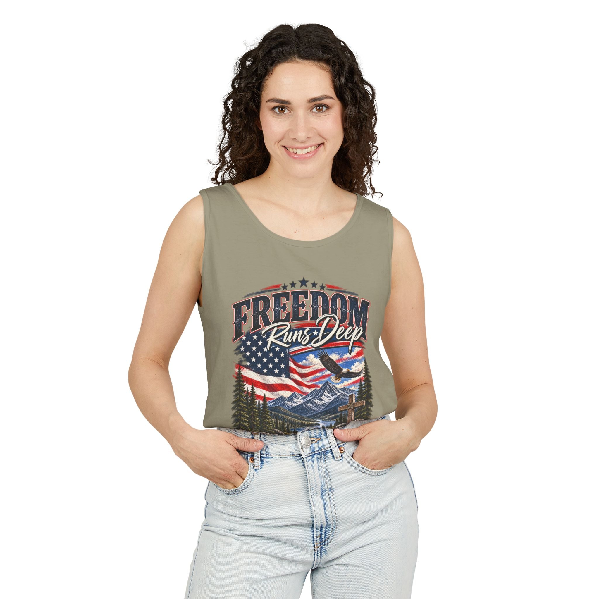 WG-007 Freedom Runs Deep Tank Top — North Supply Co. Patriotic Eagle & Mountain Graphic
