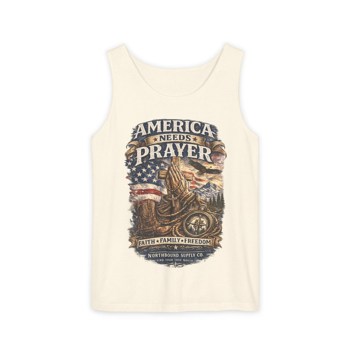 America Needs Prayer Tank Top —Northbound Supply Co. Patriotic Faith & Freedom Sleeveless Tee
