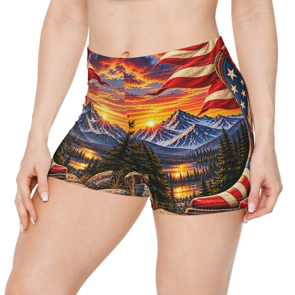 Patriotic Mountain Sunset Women's Shorts — Northbound Supply American Flag Cowboy Boots All-Over Print