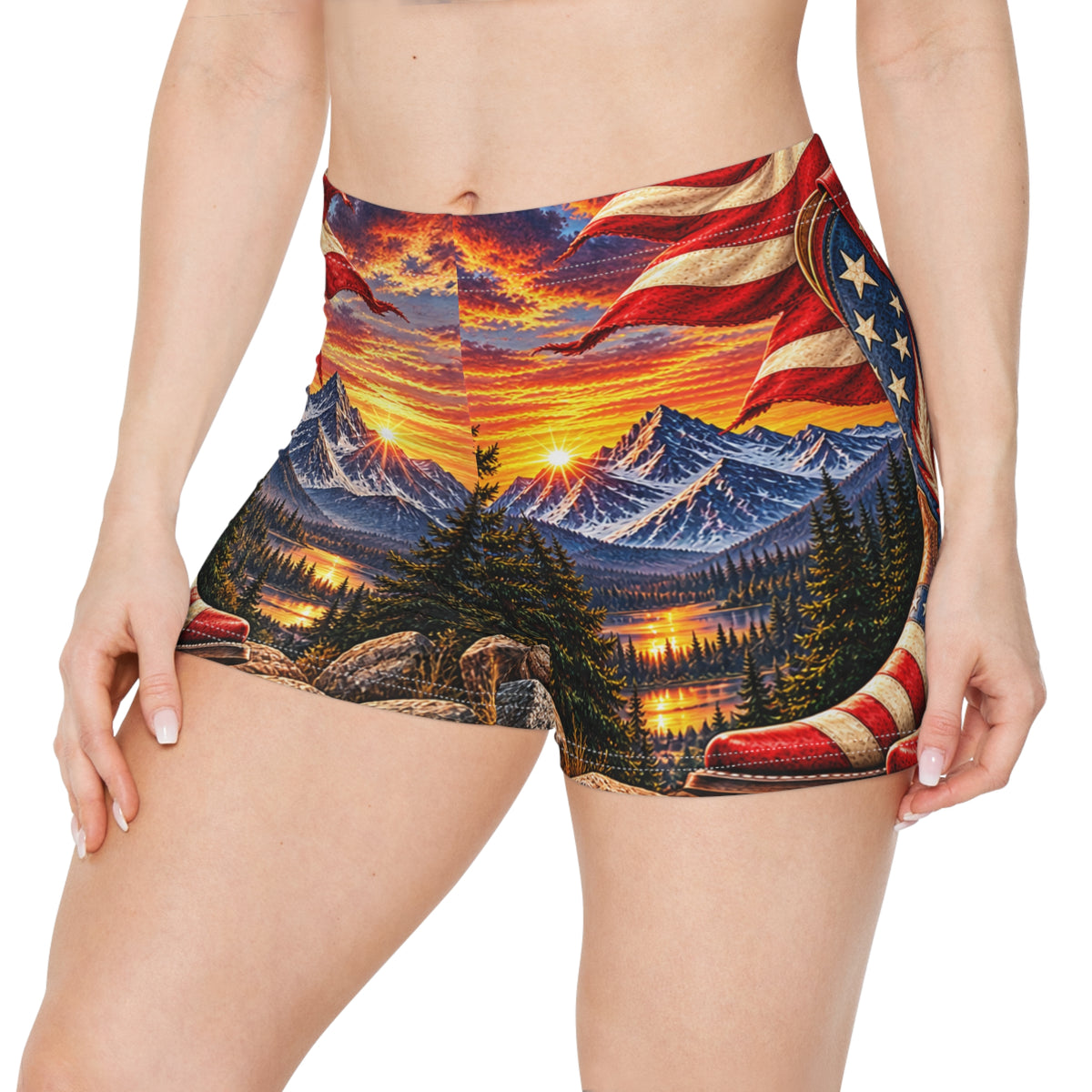 Patriotic Mountain Sunset Women's Shorts — Northbound Supply American Flag Cowboy Boots All-Over Print