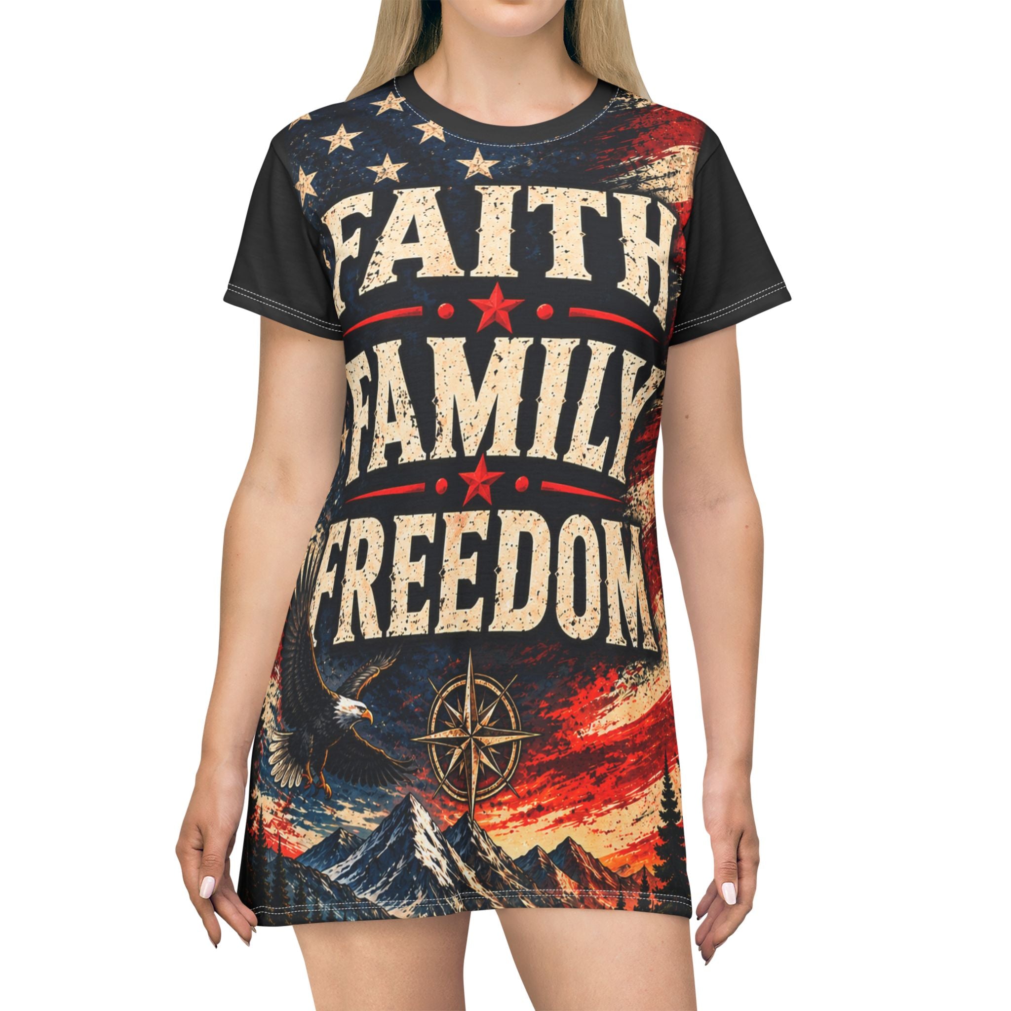 Faith Family Freedom Graphic T-Shirt Dress — Patriotic Christian AOP Dress