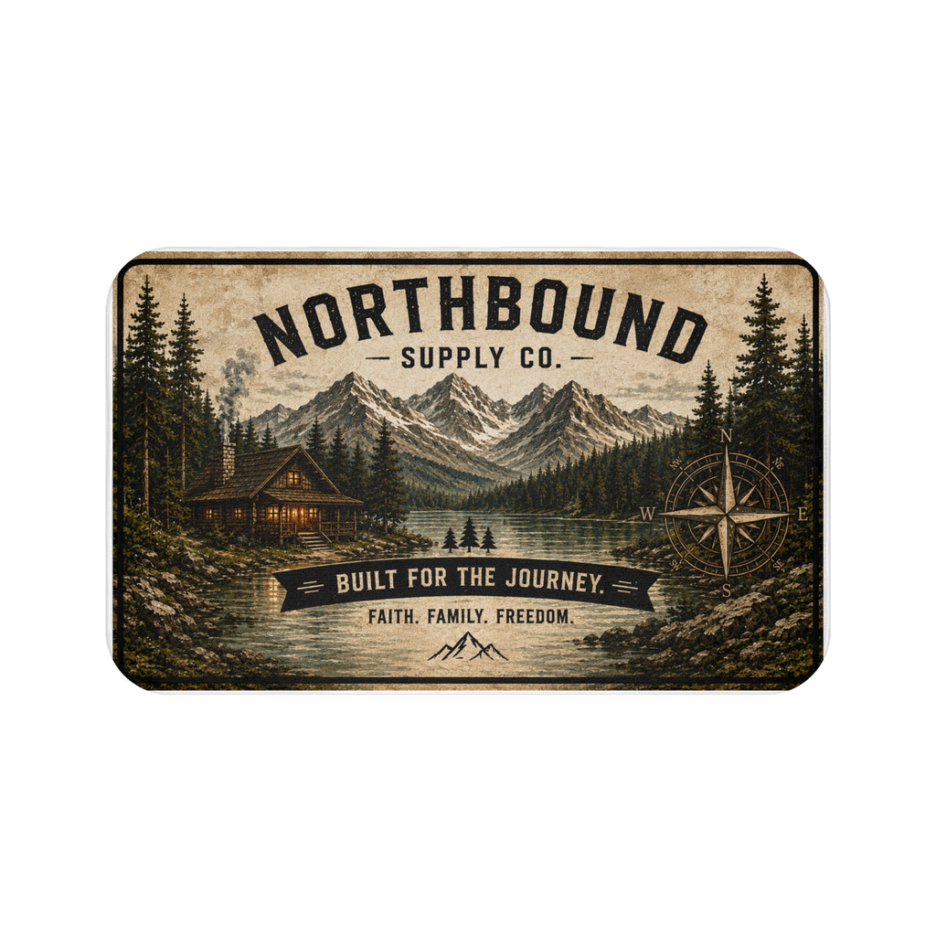 BM-003 Northbound Supply Co. Bath Mat – Rustic Cabin Mountain Welcome Mat (Built for the Journey)