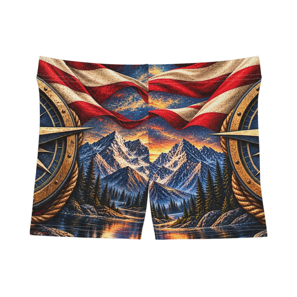 Patriotic Compass Mountain Women's Shorts —Northbound Supply American Flag Sunset AOP