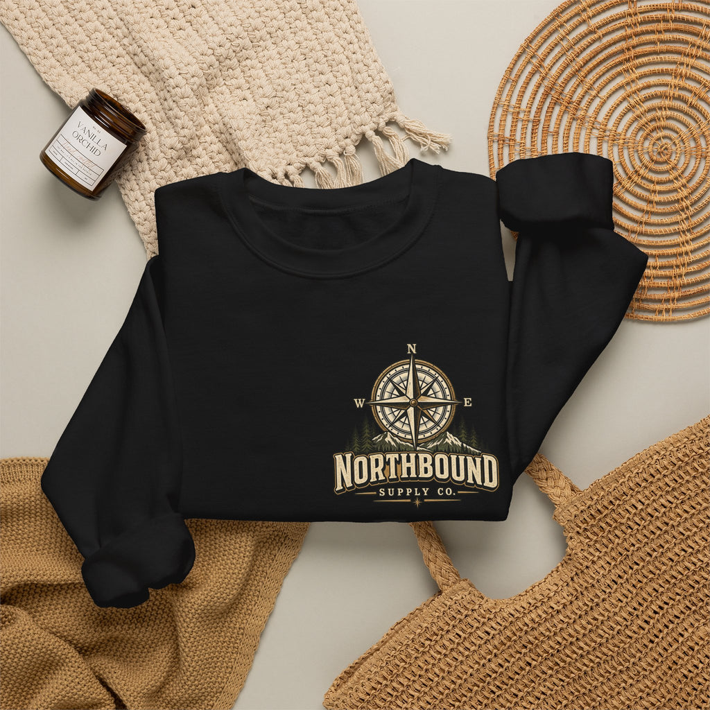 NS-004 Adventure Awaits Crewneck Sweatshirt — Northbound Supply Co. Compass Mountain Design