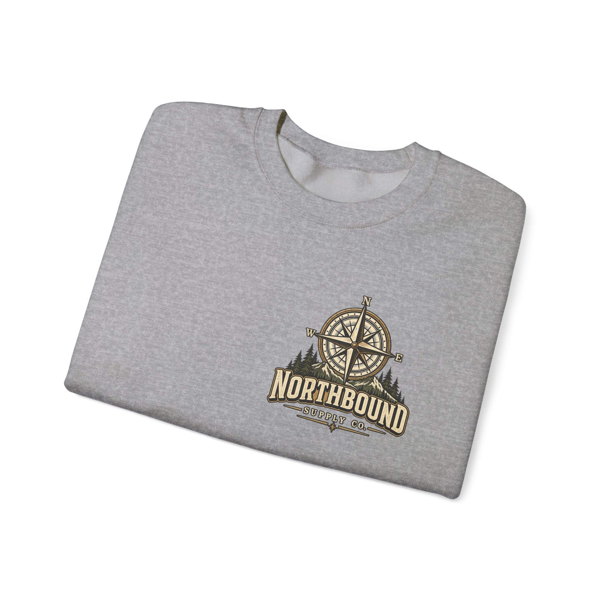 NS-004 Adventure Awaits Crewneck Sweatshirt — Northbound Supply Co. Compass Mountain Design