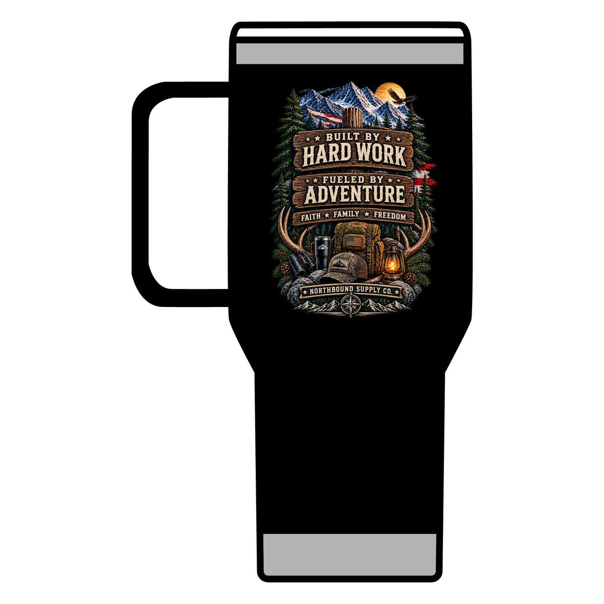 Into the Wild 20oz Travel Mug — Adventure & Outdoors Campfire Design