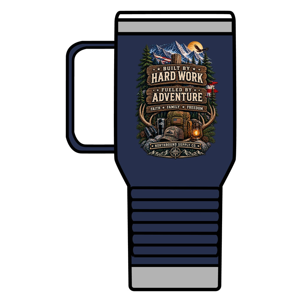 Into the Wild 20oz Travel Mug — Adventure & Outdoors Campfire Design