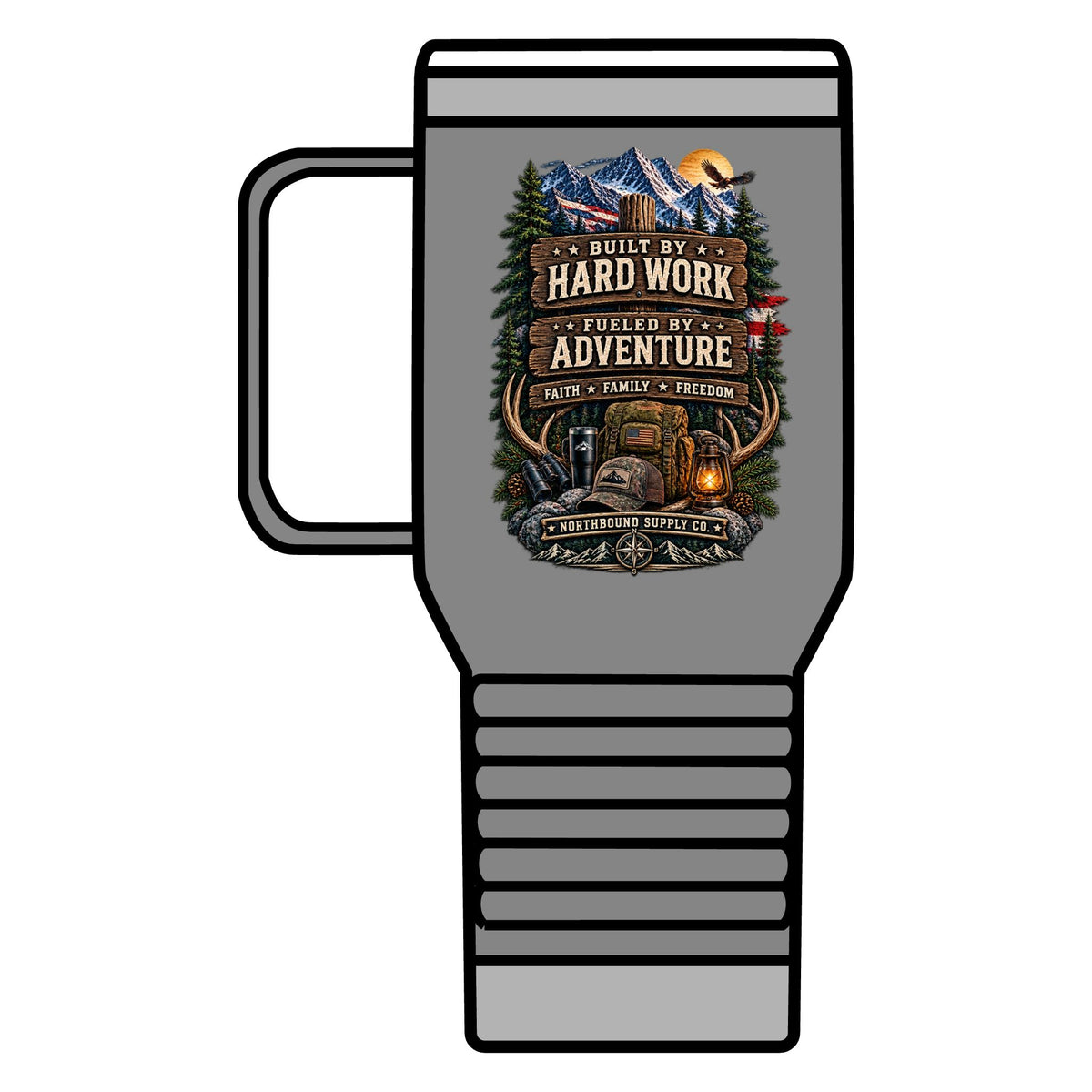 Into the Wild 20oz Travel Mug — Adventure & Outdoors Campfire Design