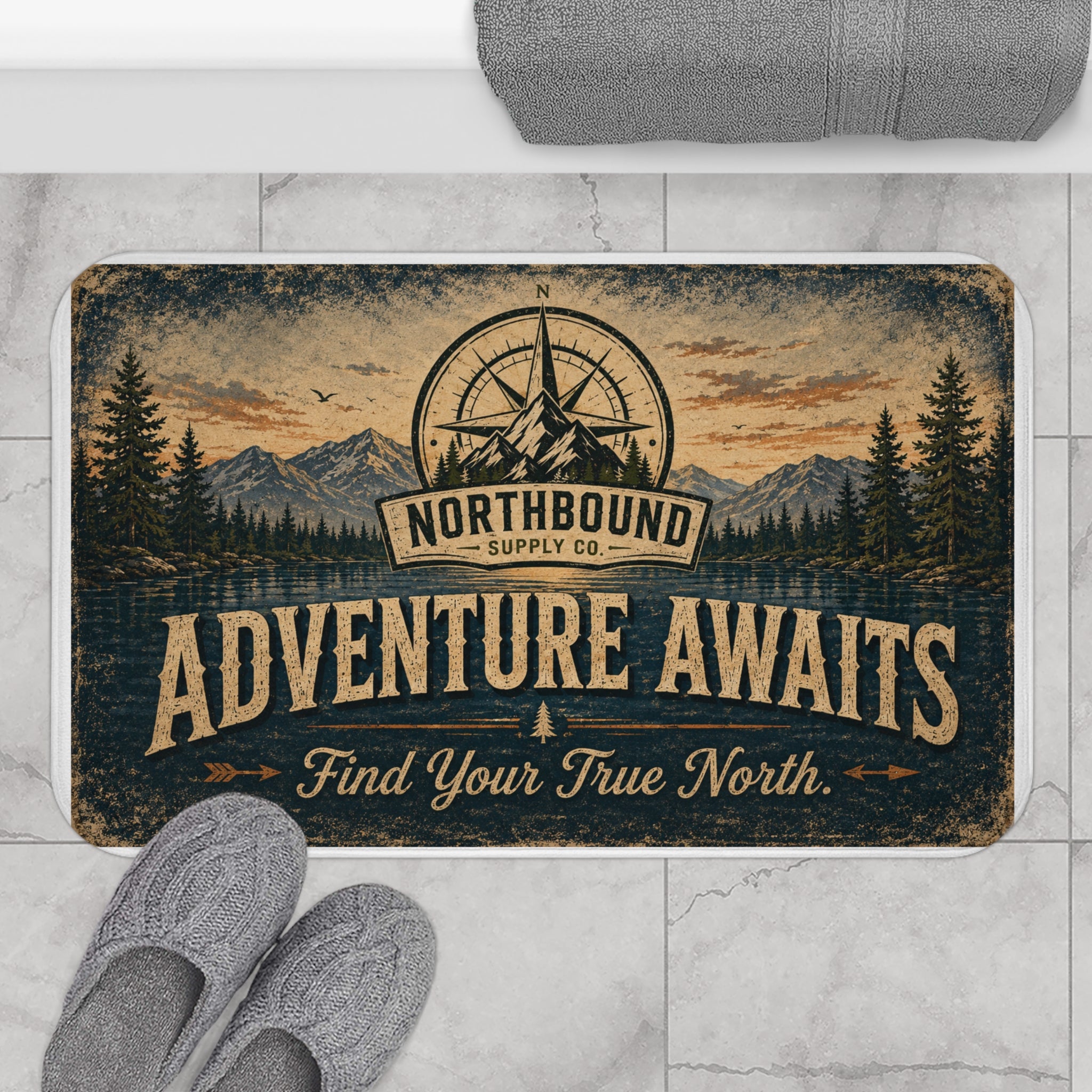 BM-002 Adventure Awaits Bath Mat — 'Find Your True North'