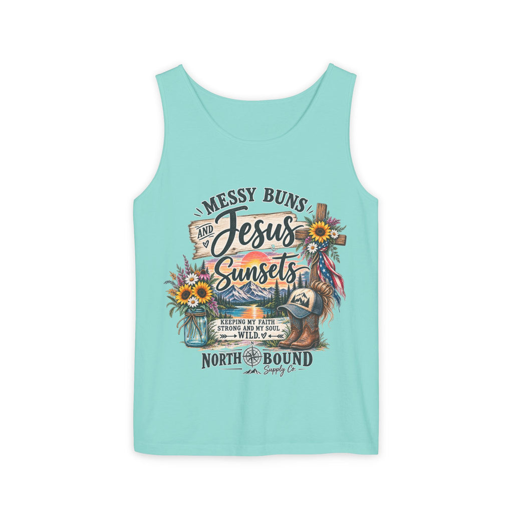 WG-003 Messy Buns, Jesus & Sunsets Tank Top —Northbound Supply Co . Christian Beachy Boho Graphic Tank