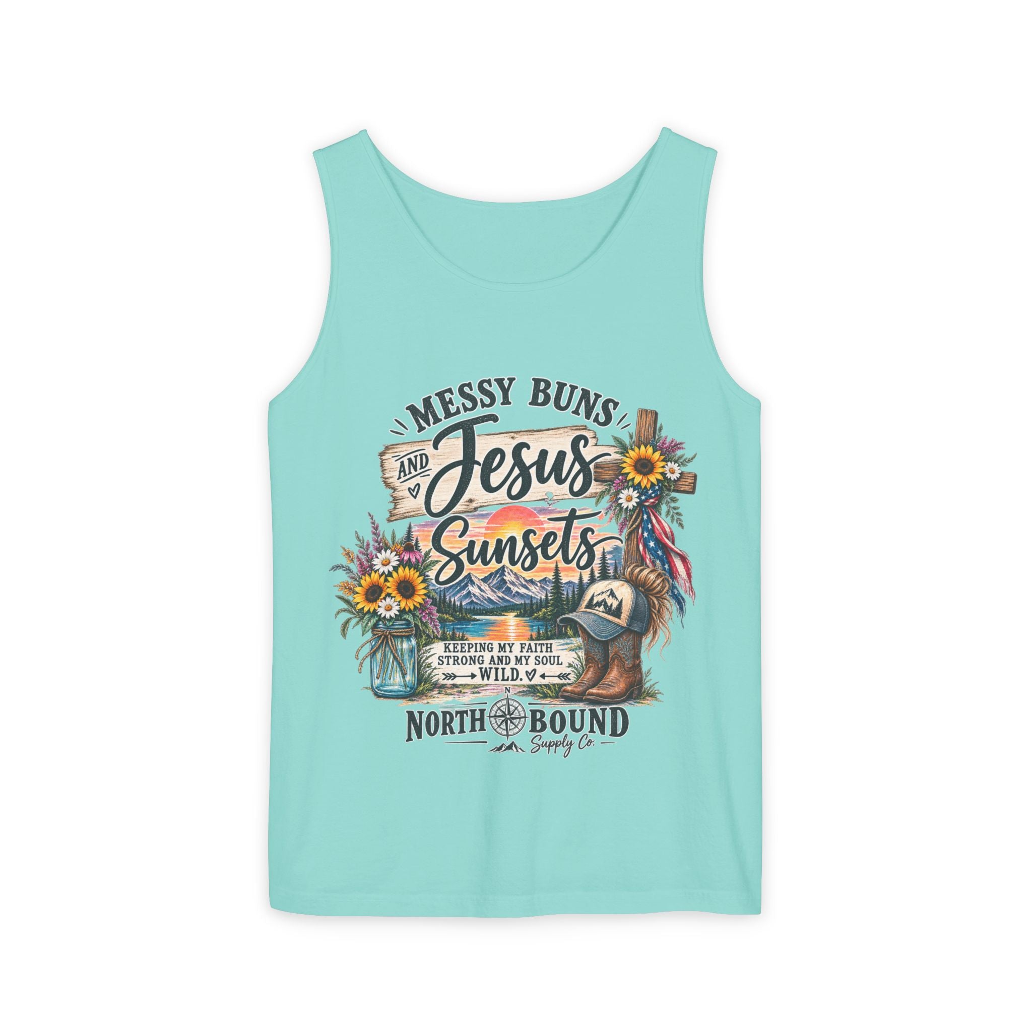 WG-003 Messy Buns, Jesus & Sunsets Tank Top —Northbound Supply Co . Christian Beachy Boho Graphic Tank