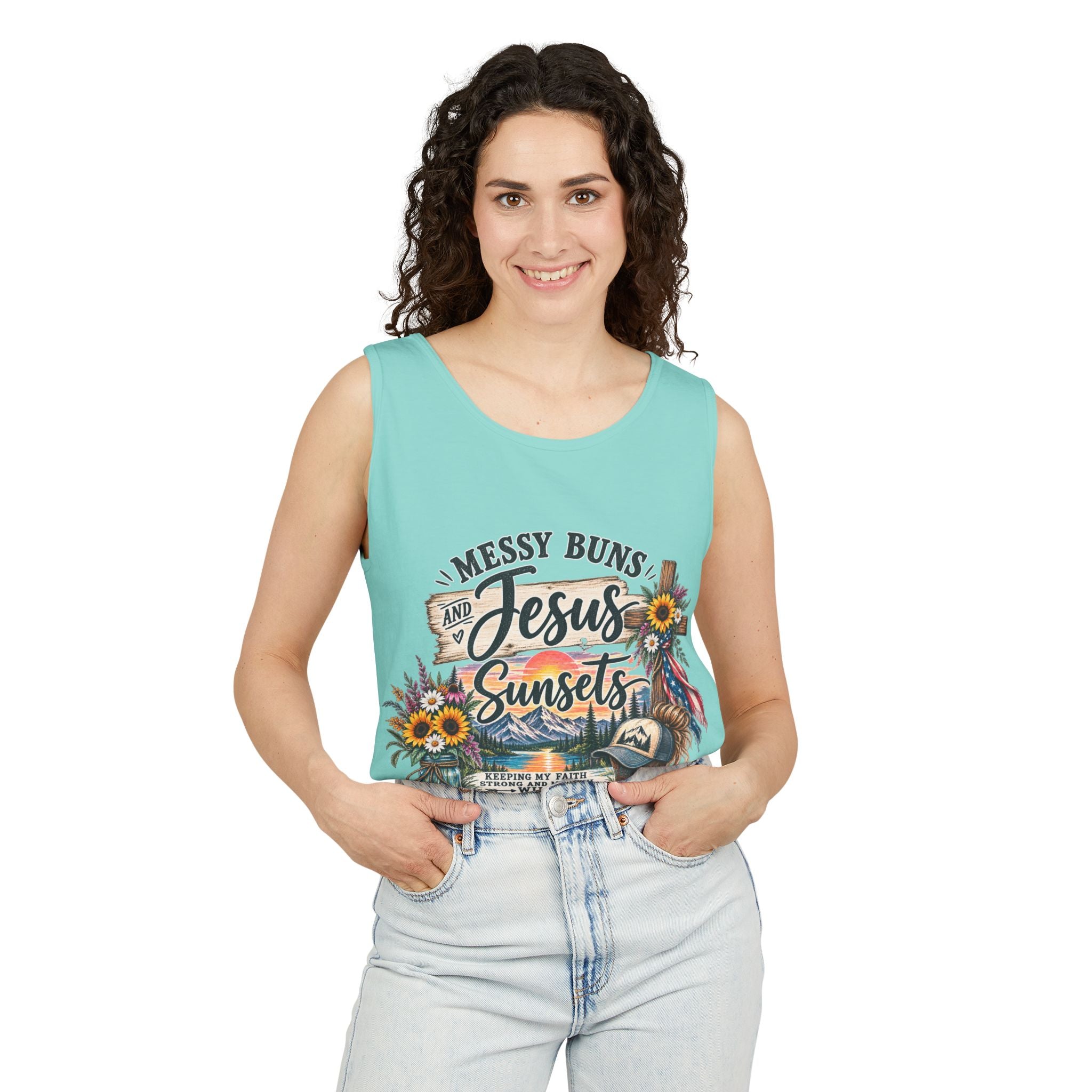WG-003 Messy Buns, Jesus & Sunsets Tank Top —Northbound Supply Co . Christian Beachy Boho Graphic Tank