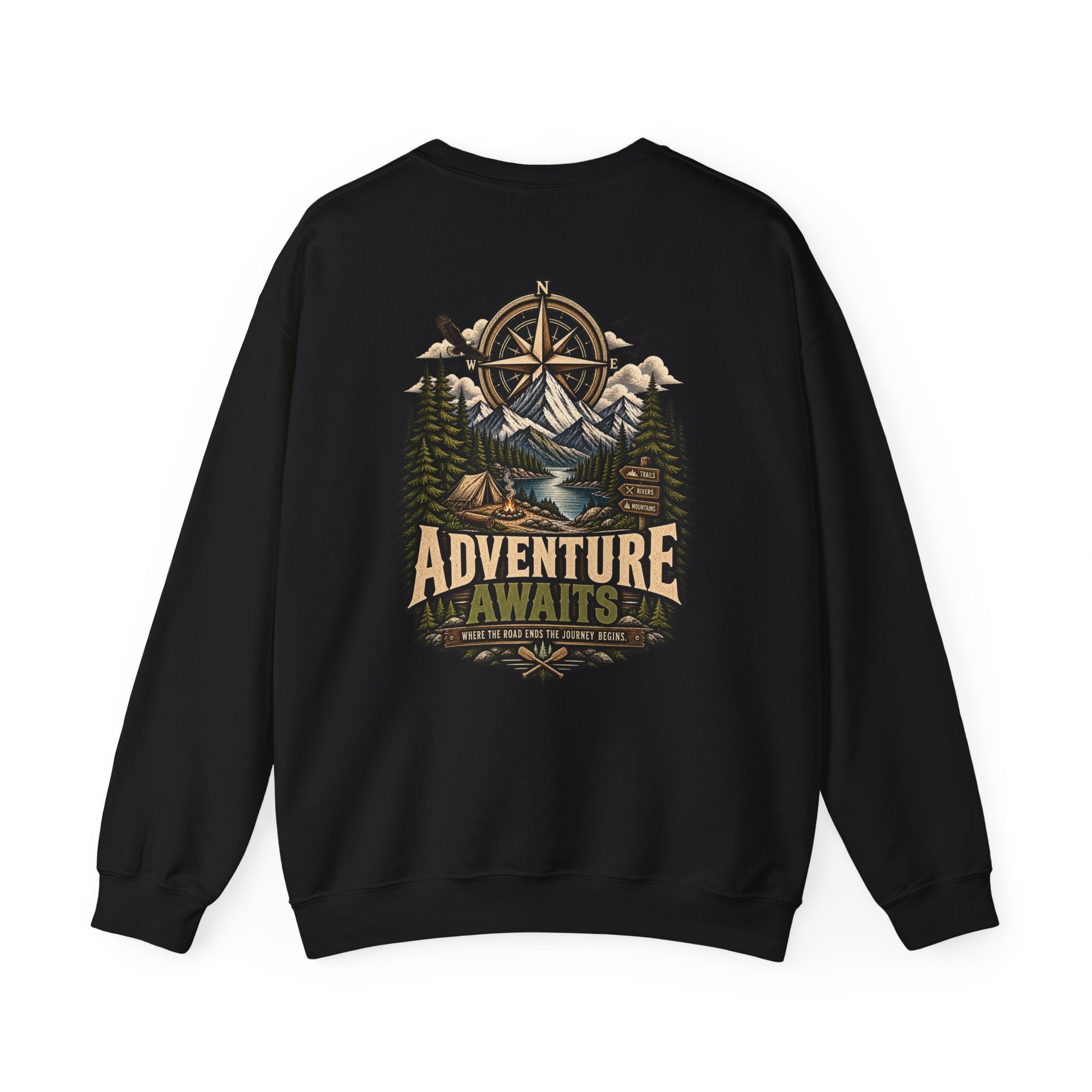 NS-004 Adventure Awaits Crewneck Sweatshirt — Northbound Supply Co. Compass Mountain Design