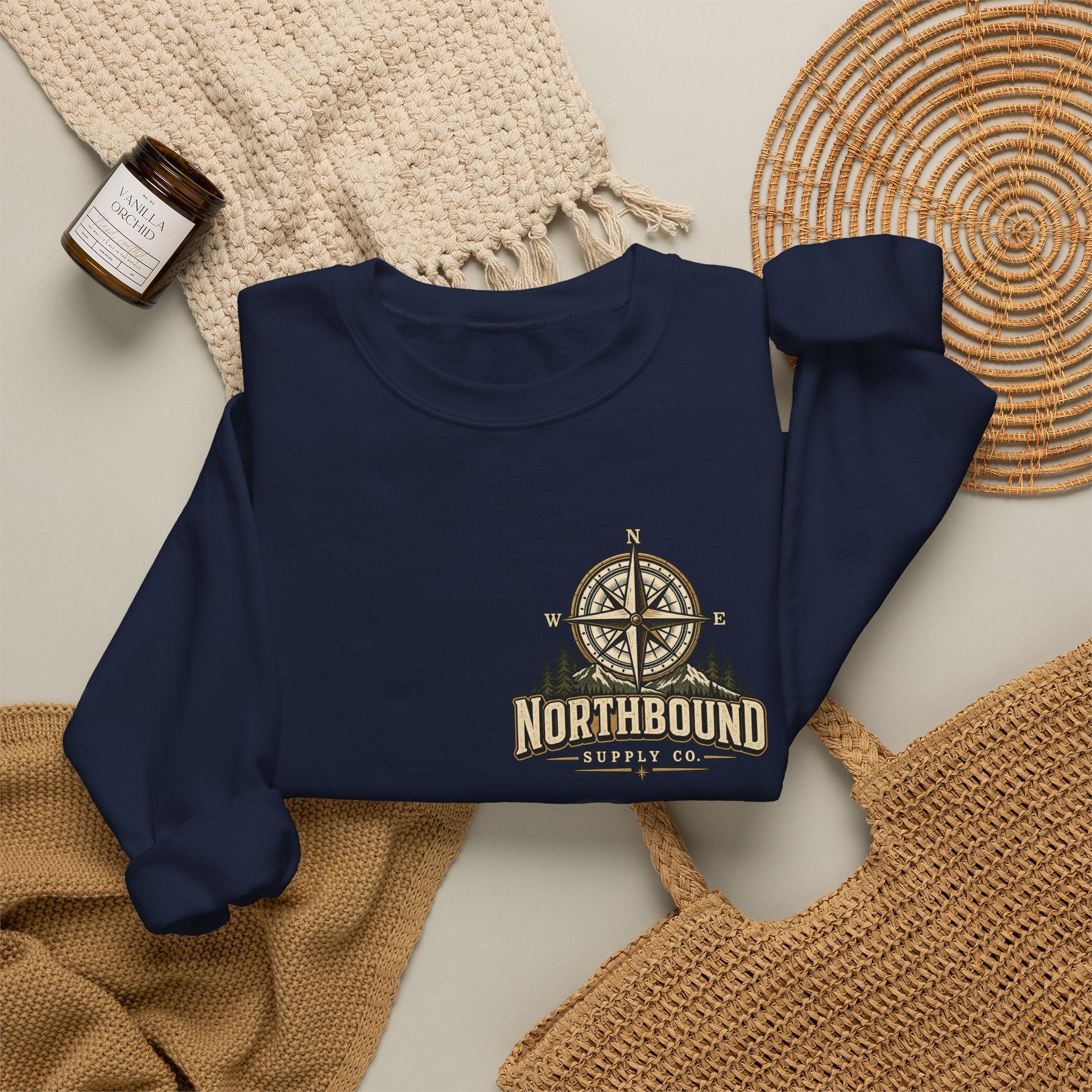 NS-004 Adventure Awaits Crewneck Sweatshirt — Northbound Supply Co. Compass Mountain Design