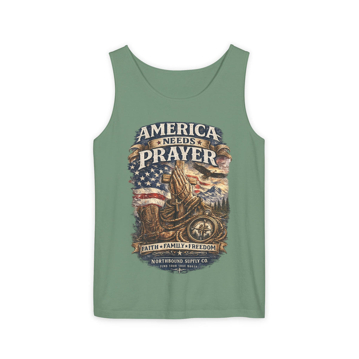 America Needs Prayer Tank Top —Northbound Supply Co. Patriotic Faith & Freedom Sleeveless Tee
