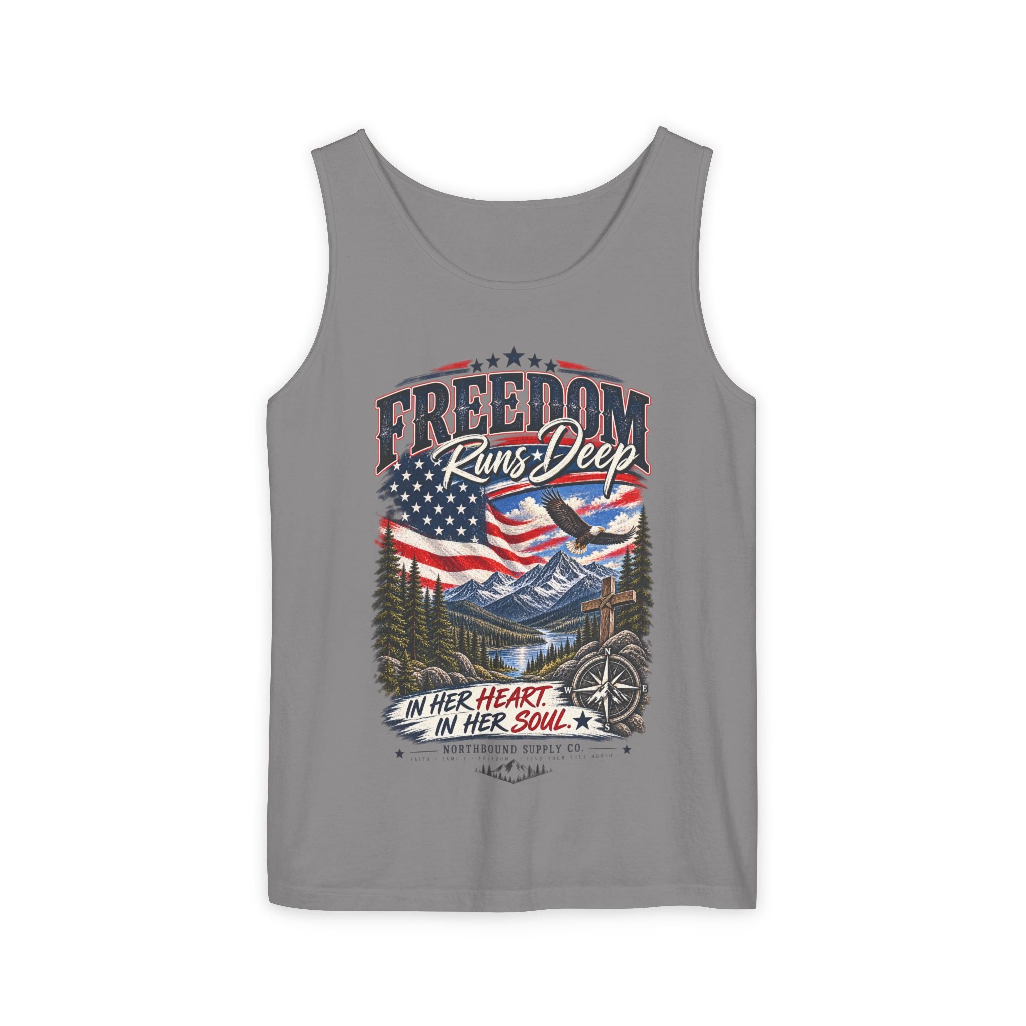WG-007 Freedom Runs Deep Tank Top — North Supply Co. Patriotic Eagle & Mountain Graphic