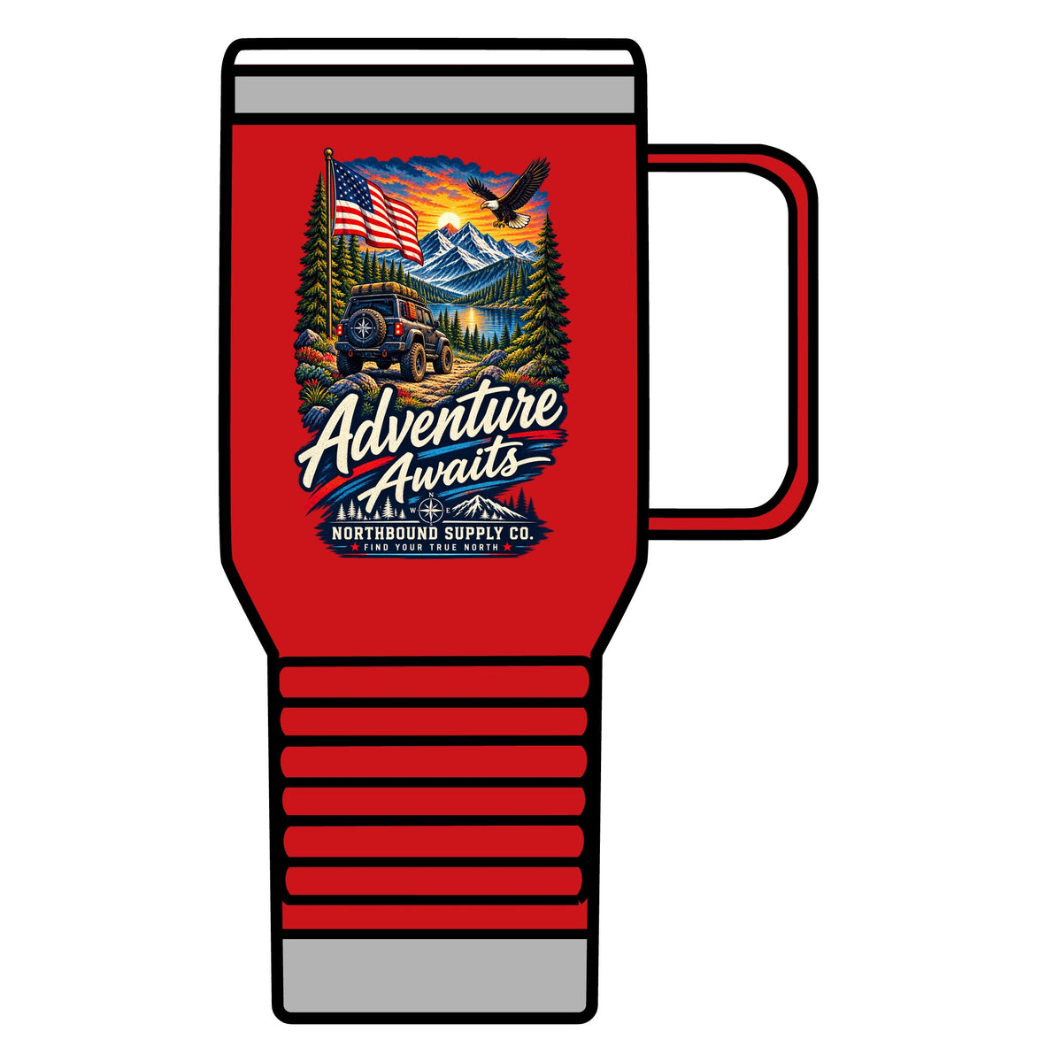 Adventure Awaits 20oz Travel Mug — Outdoor Camping Coffee Tumbler with Mountain & Compass Design