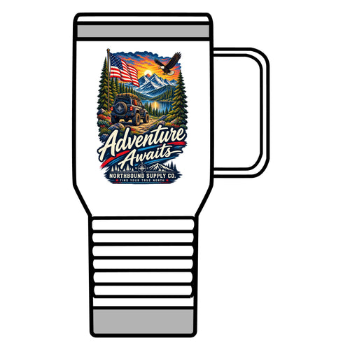 Adventure Awaits 20oz Travel Mug — Outdoor Camping Coffee Tumbler with Mountain & Compass Design