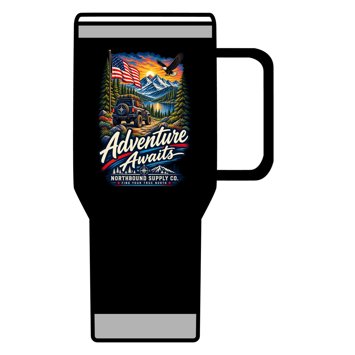 Adventure Awaits 20oz Travel Mug — Outdoor Camping Coffee Tumbler with Mountain & Compass Design