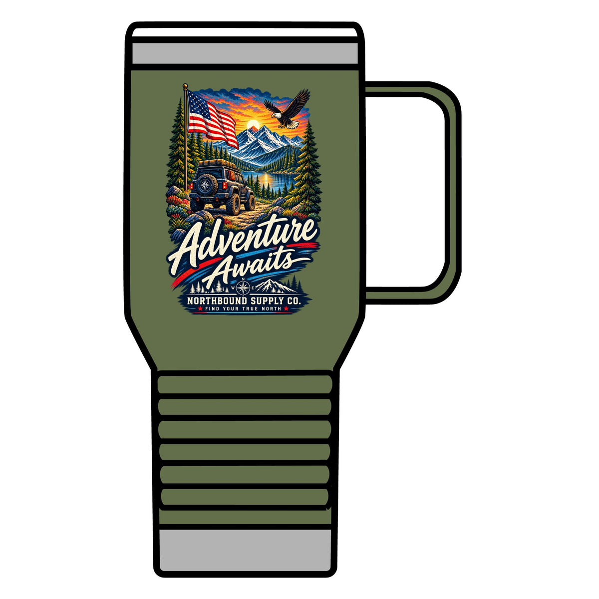 Adventure Awaits 20oz Travel Mug — Outdoor Camping Coffee Tumbler with Mountain & Compass Design